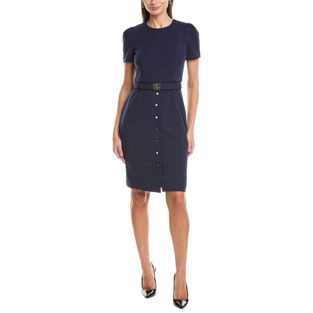 Anne Klein Womens Box Pleat Sleeves Sheath Dress, Navy